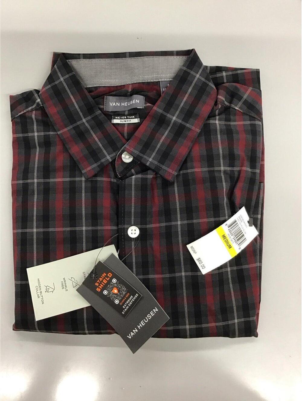 Van heusen men’s button down polo medium slim fit grey red plaid 15-15.5
